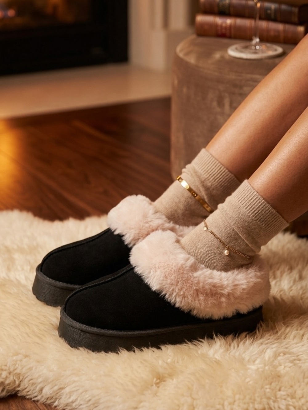 SIZE 10 Amazon® NEW Women's Platform Faux Fur Lined Slippers Black Clog Mules